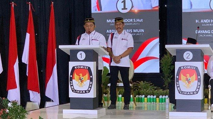 Pasangan calon nomor urut satu, Mudyat-Waris saat debat perdana Pilkada PPU 2024, Kamis (31/10/2024) malam.