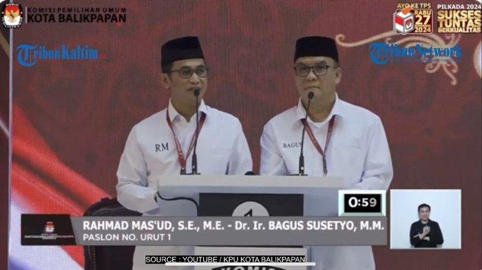 Rahmad Mas'ud dan Bagus Susetyo dalam debat kedua Pilkada Balikpapan 2024 di Hotel Gran Senyiur, Kamis (7/11/2024).