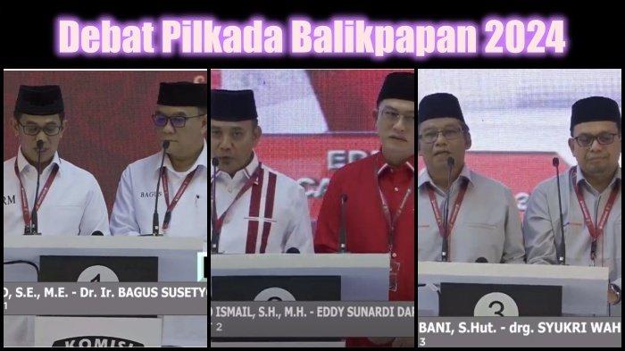 DEBATP PILKADA BALIKPAPAN 2024 - Tiga paslon Pilkada Balikpapan 2024, Rahmad-Bagus, Rendi-Eddy dan Sa'bani-Syukri di debat kedua, Kamis (7/11/2024).