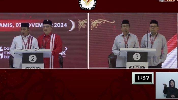DEBAT PILKADA BALIKPAPAN 2024 - Paslon 2 dan 3, Rendi-Eddy dan Sa'bani-Syukri di debat Pilkada Balikpapan 2024, Kamis (7/1/2024). Rahmad-Bagus dan Sa'bani-Syukri kritisi kondisi kota banjir, air baku, antrean BBM