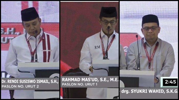 PILKADA BALIKPAPAN 2024 - Dari kiri ke kanan: Rendi Susiswo Ismail (cawali nomor urut 2), Rahmad Mas'ud (cawali nomor urut 1) dan Syukri Wahid (cawawali nomor urut 3) saat debat Pilkada Balikpapan 2024, Kamis (7/11/2024). Rahmad sebut baru 3 tahun jadi walikota. Syukri Wahid: singgung Samarinda start sama