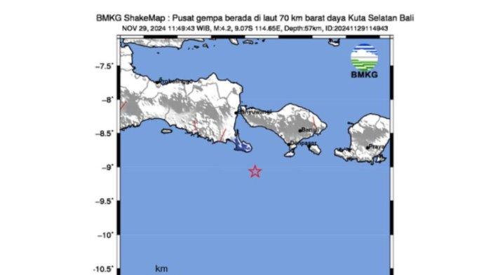 GEMPA HARI INI - Gempa 2 menit lalu guncang Kuta Selatan Bali magnitudo 4.2, cek info BMKG