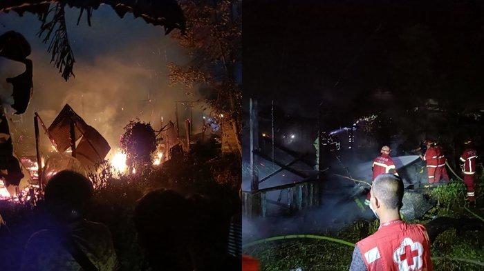 Petugas Pemadam Kebakaran (Damkar) Paser yang mencoba melakukan proses pemadaman api terhadap dua unit kontrakan yang terbakar di Jalan Anden Oko, Gang Mulia, Kecamatan Tanah Grogot, Kabupaten Paser, Kalimantan Timur, Selasa (7/1/2025) malam.