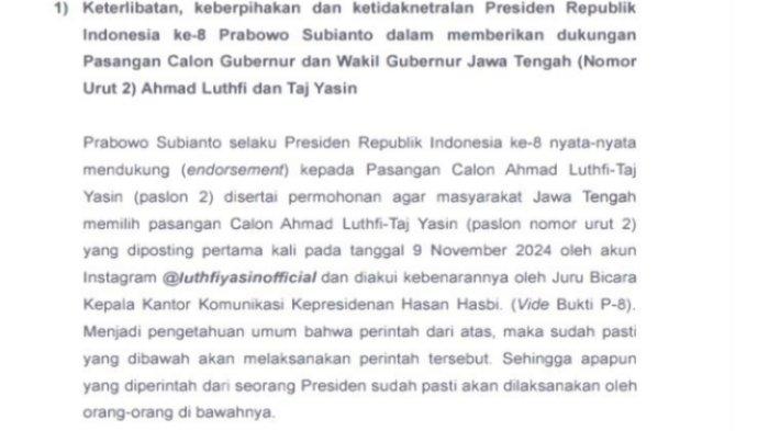 SENGKETA PILKADA JATENG 2024 - Lihat Foto Nama Presiden Prabowo Subianto disinggung dalam berkas permohonan sengketa Pilgub Jateng oleh Andika-Hendi, Jakarta, Kamis (9/1/2025).