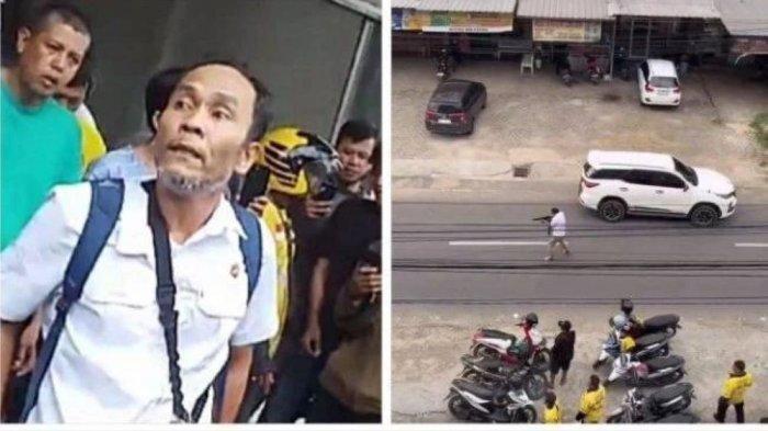 POLISI BAKU TEMBAK - Bripka Agus Simanjuntak saat baku tembak dengan kawanan begal di Bandar lampung, Kamis (30/1/2025). Satu pelaku tertembak di bagian kaki dan terjatuh, sedangkan dua pelaku lainnya melarikan diri menggunakan sepeda motor (Sumber: Tribratanews via Tribunnews.com)