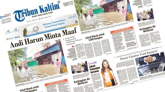 BANJIR DI SAMARINDA - Gambar headline koran Tribun Kaltim Hari Ini edisi Jumat, 31 Januari 2025. Membahas di antaranya Andi Harun meminta maaf karena banjir masih menggenang di beberapa wilayah Samarinda (Grafis TribunKaltim.co)