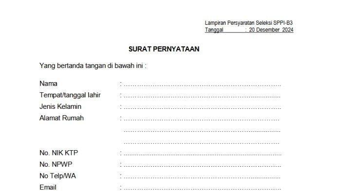 CARA DAFTAR SPPI - Tampilan format Form Surat Pernyataan untuk Daftar SPPI Batch 3 Tahun 2025. Cek kesempatan menjadi ASN melalui program SPPI yang kini tengah membuka pendaftaran. Simak cara daftar SPPI batch 3 selengkapnya. (https://spp-indonesia.com/)