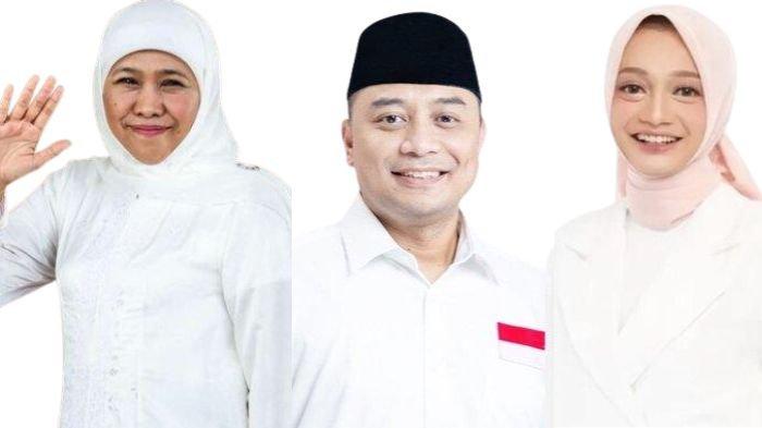 PELANTIKAN KEPALA DAERAH - Potret kolase Gubernur Jawa Timur terpilih Khofifah (kiri), Wali Kota Surabaya terpilih, Eri Cahyadi (tengah), Wali Kota Kediri terpilih, Vinanda Prameswati (kanan). Mereka masuk dalam daftar kepala daerah terpilih Pilkada 2024 di Jawa Timur yang akan dilantik pada 20 Februari 2025. (Kolase Kompas.com/Garry Lotulung/Tribun Manado/grafis/Dok. Wikipedia)