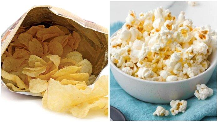 CEMILAN BUKA PUASA - Ilustrasi keripik kemasan (chips) dan pop corn. Karena chips kebanyakan mengandung penyedap rasa dan garam, ganti cemilanmu dengan pop corn tanpa mentega. (britannica.com dan persnicketyplates.com)