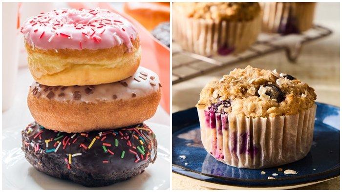 CEMILAN BUKA PUASA - Ilustrasi donat (kiri) dan muffin (kanan). Donat yang mengandung banyak lemak, bisa kamu ganti dengan muffin yang prosesnya dipanggang dan biasanya tidak ditambahkan topping apapun. (bakingworld.id dan thepioneerwoman.com)