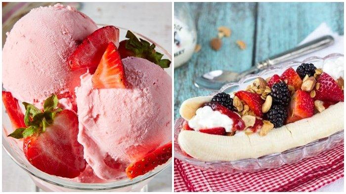 CEMILAN BUKA PUASA - Ilustrasi es krim (kiri) dan banana split (kanan). Es krim banyak mengandung lemak, yuk coba ganti cemilanmu dengan banana split yang lebih sehat dan rendah gula. (allrecipes.com dan simplehealthykitchen.com)