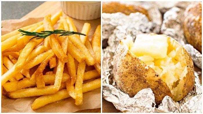 CEMILAN BUKA PUASA - Ilustrasi kentang goreng (kiri) dan baked potato (kanan). Kentang goreng kurang sehat untuk dikonsumsi ketika berbuka karena diolah dengan menggunakan minyak yang banyak. Yuk, beralih ke baked potato yang lebih sehat karena dipanggang dan pastinya tidak berminyak! (Sajian Sedap dan gimmesomegrilling.com)