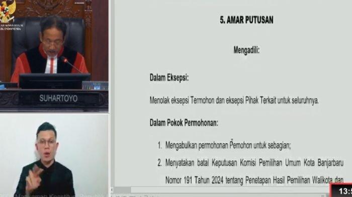 PUTUSAN AKHIR MK - Putusan akhir MK hari ini, Senin (24/2/2025). Berikut hasil putusan MK untuk Pilkada Banjarbaru 2024 (YouTube/Mahkamah Konstitusi RI)