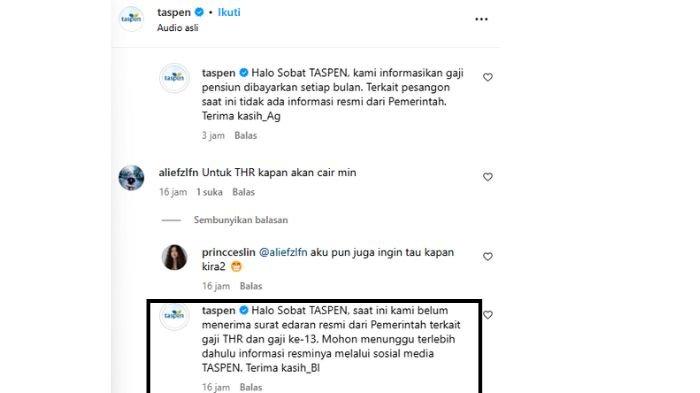 THR PENSIUNAN PNS - Beredar viral THR Pensiunan PNS 2025 cair. Jawaban Taspen saat ditanya soal THR Pensiunan PNS 2025 kapan cair, diolah dari Instagram @taspen.(Instagram/@taspen)