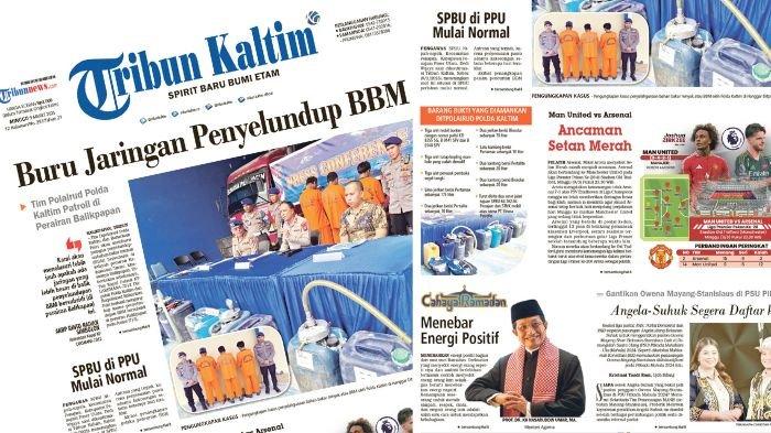 PENYELUNDUPAN BBM BERSUBDI - Cover koran Tribun Kaltim yang terbit hari ini, Minggu (9/3/2025). Membahas di antaranya Tim Polairud Polda Kaltim patroli di Perairan Balikpapan untuk buru jaringan penyelundup BBM bersubsidi. (Tribun Kaltim)