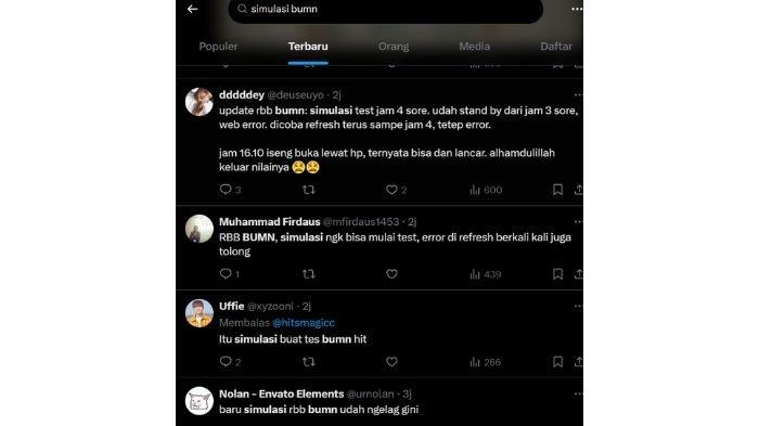 SIMULASI RBB BUMN - Peserta mengeluhkan simulasi tes Rekrutmen BUMN eror, diunggah di X pada16 April 2025. Apakah trial test RBB BUMN 2025 wajib diikuti? (Twitter atau X)