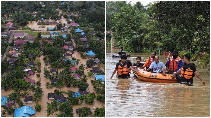 BANJIR BUKIT SUBUR - Situasi banjir di Desa Bukit Subur, Kecamatan Penajam, Kabupaten PPU (kiri) dan proses evakuasi warga desa (kanan) oleh tim gabungan. Imbas hujan lebat pada Minggu (20/4/2025) malam hingga Senin (21/4/2025) dini hari, sebanyak 10 RT dan fasilitas umum di Desa Bukit Subur, Kecamatan Penajam, Kabupaten Penajam Paser Utara kini terendam banjir. (HO/BPBD PPU)