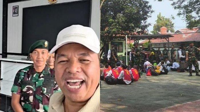 PENDIDIKAN MILITER SISWA - (Kiri) Gubernur Jawa Barat Dedi Mulyadi hadir dalam pembukaan pendidikan militer pertama di Kabupaten Purwakarta, Jabar, pada Kamis (1/5/2025). (Kanan) Para pelajar saat mengikuti pendidikan militer di Resimen Artileri Medan 1 Sthira Yudha, Batalyon Artileri Medan 9, Kabupaten Purwakarta, Kamis (1/5/2025).