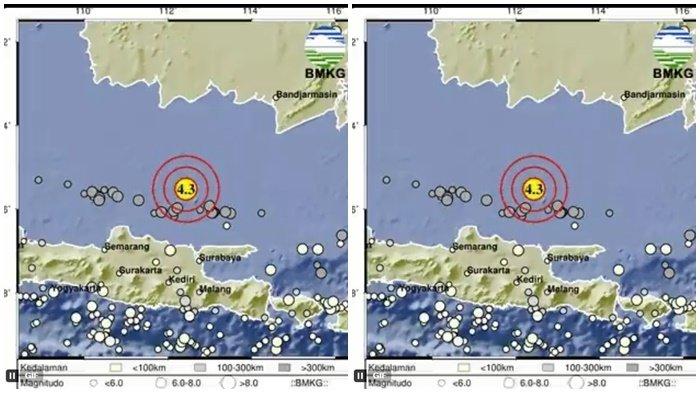 GEMPA TUBAN - Pusat gempa pagi ini berada di 159 km Timur Laut Tuban, Jawa Timur di kedalaman 10 km, Minggu (4/5/2025). (X @InfoBMKG)