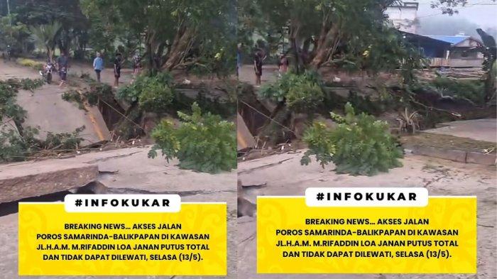 JALAN PUTUS TOTAL - Tangkap layar kondisi jalan poros Samarinda-Balikpapan yang putus total dan tidak bisa dilalui. Akses jalan poros Samarinda–Balikpapan di kawasan Jalan H.A.M. Rifaddin, Loa Janan, Samarinda, mengalami putus total dan tidak dapat dilalui kendaraan pada Selasa (13/5/2025). (Instagram/info_kukar)