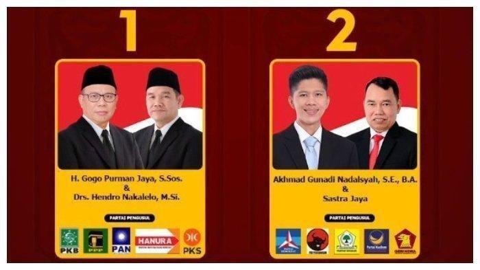 PILKADA BARITO UTARA - Pasangan calon (Paslon) Bupati dan Wakil Bupati Barito Utara pada Pilkada 2024. Paslon nomor urut 1, H Gogo Purman Jaya-Hendro Nakalelo atau Gogo-Helo. Palson nomor urut 2, Akhmad Gunadi Nadalsyah-Sastra Jaya. (Tribun Timur)