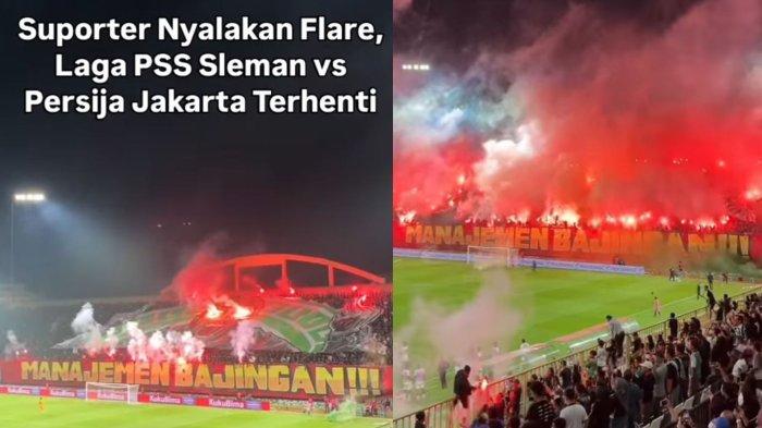 PSS SLEMAN VS PERSIJA - Tangkap layar kondisi Stadion Maguwoharjo, Sleman, yang dipenuhi flare dari supporter. Laga lanjutan Liga 1 Indonesia antara PSS Sleman dan Persija Jakarta yang digelar pada Sabtu malam, 17 Mei 2025 di Stadion Maguwoharjo, Sleman, diwarnai insiden yang memaksa pertandingan dihentikan sementara. (Instagram/aceh_viral)