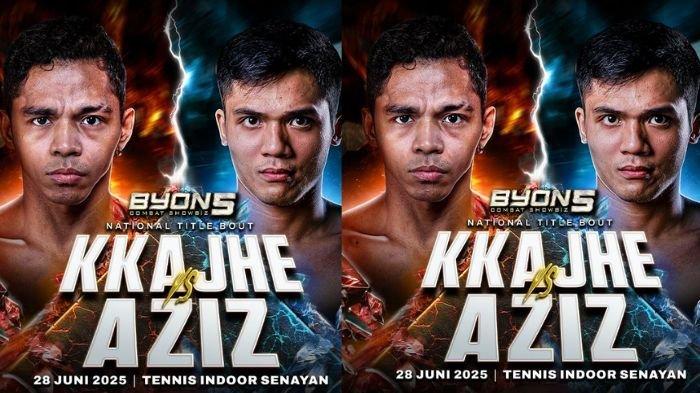 BYON COMBAT 5 - Poster acara tinju Byon Combat 5 dengan laga utama Aziz Calim vs KKajhe. Cek jadwal Byon Combat 5 dan cara nonton via live streaming Vidio (kiostix)