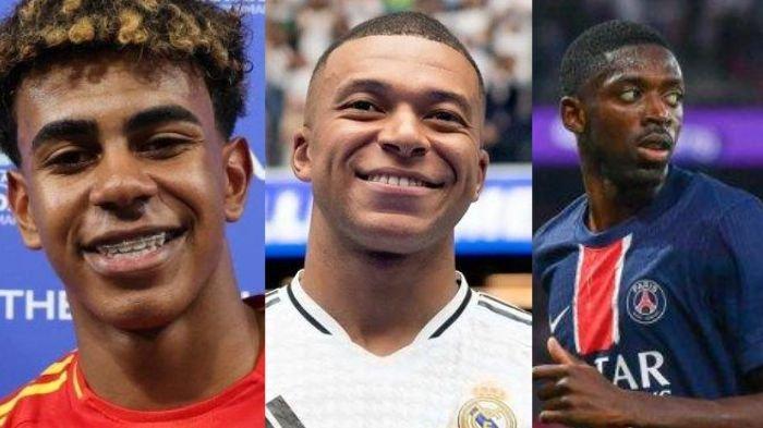 KANDIDAT BALLON D'OR - Potret Lamine Yamal, Mbappe, dan Dembele. Ketiganya masuk dalam kandidat kuat pemenang Ballon d'Or 2025. (Euro 2024/x.com/KMbappe/TransferMarket)