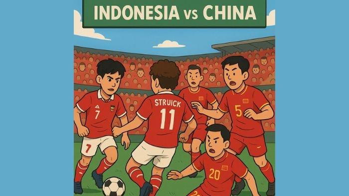 KUALIFIKASI PIALA DUNIA - Potret pemain Indonesia dan China saat bertanding, ilustrasi berbentuk kartun yang diolah dari ChatGPT, Kamis (5/6). Timnas Indonesia vs China jam berapa dan live di mana? Akses link live streaming dan ketahui prediksi skornya (Open AI CHATGPT)