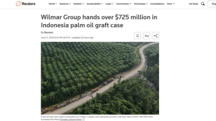 PENJELASAN WILMAR GROUP - Tangkap layar pemberitaan Reuters terkait penjelasan Wilmar Grup soal uang sitaan Kejagung Rp 11,8 Triliun. Dilansir dari media asing Reuters, Wilmar Group menyebutnya sebut sebagai uang jaminan. (Tangkap layar Reuters)