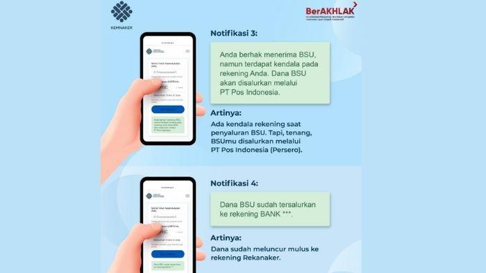 NOTIFIKASI BSU 2025 - Perbedaan arti notifikasi BSU 2025. Jangan sampai salah, ada BSU yang cair via rekening maupun kantor pos, cek di laman BSU Kemnaker. (TikTok Kemnaker)