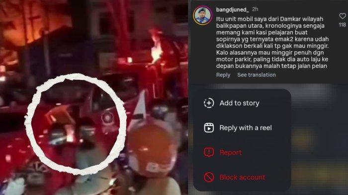 MOBIL DISERUDUK DAMKAR - Momen detik-detik sebuah mobil berwarna merah diseruduk mobil damkar yang diunggah akun Instagram @damkar.balikpapan_utara hari Minggu (13/7/2025). Viral di media sosial detik-detik Mobil Damkar sengaja menyeruduk mobil merah saat dalam perjalanan menuju lokasi kebakaran di kawasan padat penduduk RT 53, Kelurahan Gunung Sari Ilir, Kecamatan Balikpapan Tengah, Kota Balikpapan, Kalimantan Timur pada Sabtu (12/7/2025) malam.(Instagram/@damkar.balikpapan_utara)