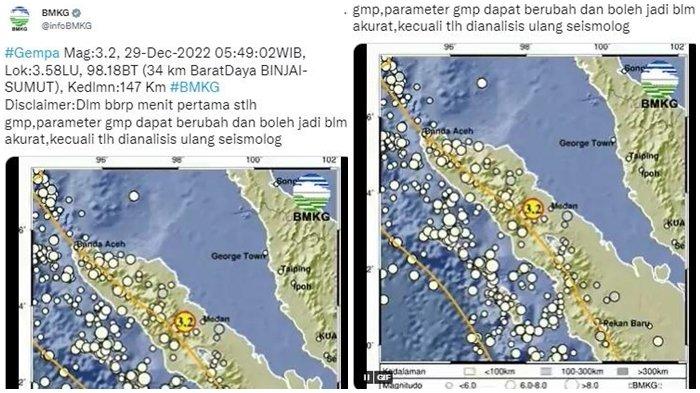 GEMPA BINJAI - Gempa di wilayah Binjai, Sumatera Utara pukul 05.49 WIB, beberapa waktu lalu. Pagi ini gempa kembali terjadi dengan kekuatan magnitudo 3.0