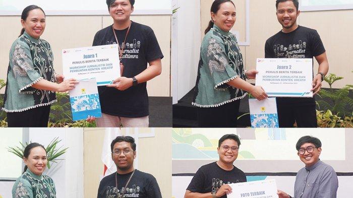 GM PT PLN UID Kaltimra Joice Lanny Wantania menyerahkan hadiah kepada para pemenang penulisan berita terbaik. Selain itu, Fachmi Rachman Editor Foto Tribun Kaltim (kanan) menyerahkan hadiah kepada pemenang foto terbaik.