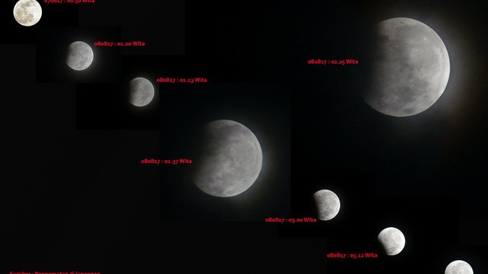 Pemandangan penumbra saat menutupi bulan pada proses terjadinya gerhana bulan parsial atau gerhana bulan sebagian.