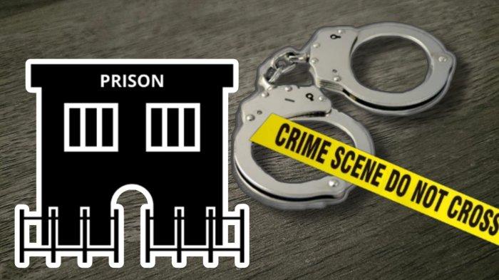 Ilustrasi penjara kriminal atau lapas dan garis polisi.