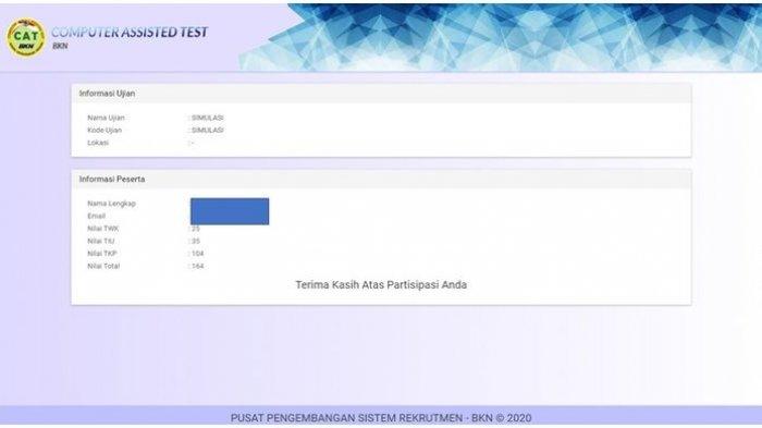 Tampilan simulasi tes mandiri CAT BKN, yang menampilkan skor TWK, TIU, dan TKP.