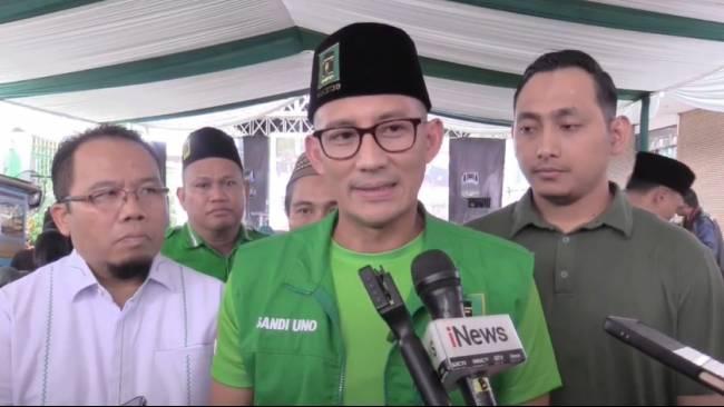 Ketua Badan Pemenangan Pemilu (Bappilu) Partai Persatuan Pembangunan (PPP) sekaligus Dewan Pakar TPN Ganjar-Mahfud, Sandiaga Uno, Rabu (14/2/2024).