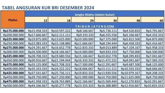 KUR BRI 2024 - Tabel Angsuran KUR BRI 2024 plafon pinjaman Rp 175 juta sampai Rp 500 juta, lengkap dengan tenor atau jangka waktu pinjamannya.