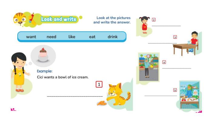 KUNCI JAWABAN - Look and Write dalam buku My Next Words Grade 5 - Student's Book for Elementary School halaman 18-19 Kurikulum Merdeka.