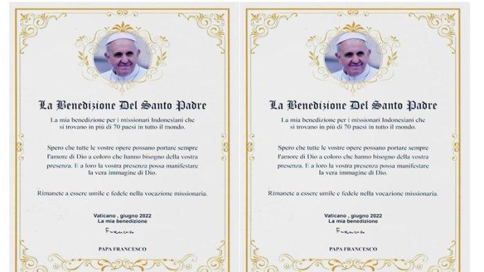 BERKAT BAPA SUCI - Pigura berkat Bapa Suci Paus Fransiskus untuk missionaris Indonesia yang berkarya di lebih dari 70 negara di lima benua.