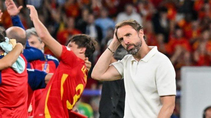Ekspresi Pelatih Inggris, Gareth Southgate, setelah kalah dalam pertandingan final Euro 2024 melawan Spanyol di Olympiastadion di Berlin pada 14 Juli 2024.