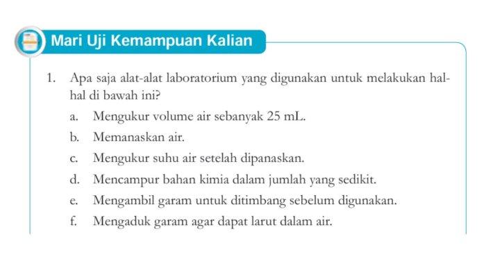 KUNCI JAWABAN - Uji Kemampuan dalam buku Ilmu Pengetahuan Alam untuk SMP Kelas VII halaman 10 Kurikulum Merdeka.