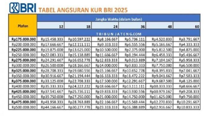 KUR BRI - Informasi cicilan tertinggi dan terendah pinjam Rp 300 juta KUR 2025 di Bank BRI tenor 12 bulan sampai 60 bulan, bisa dilihat di Tabel Angsuran KUR BRI 2025 ini.