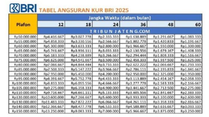 Tabel Angsuran KUR BRI 2025 Pinjaman hingga Rp 100 Juta.