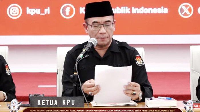 Ketua KPU RI Hasyim Asy'ari pada Rapat Pleno Terbuka Penetapan Hasil Pemilu 2024 tingkat nasional, Rabu (20/3/2024) malam.
