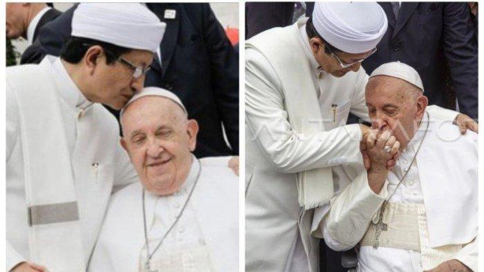 Imam Besar Masjid Istiqlal Nasaruddin Umar mengecup kening Paus Fransiskus. Kemudian Paus Fransiskus mencium tangan Narasuddin Umar di Masjid Istiqlal, Jakarta, Kamis (5/9/2024).