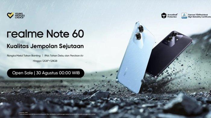 Spesifikasi dan harga Realme Note 60 di Indonesia, hp tahan banting dibanderol Rp 1 jutaan.