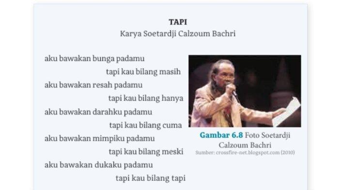 KUNCI JAWABAN - Puisi 'Tapi' dalam buku Cerdas Cergas Berbahasa dan Bersastra Indonesia untuk SMA/SMK Kelas X halaman 177 Kurikulum Merdeka.