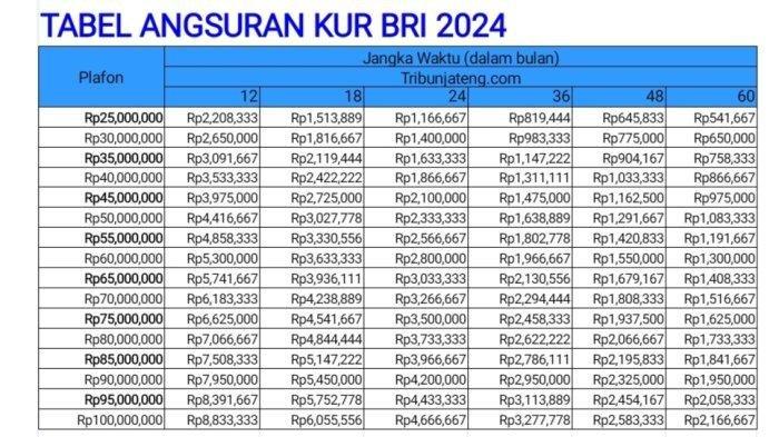 POS-KUPANG.COM/ Tabel Angsuran KUR BRI 2024 Pinjaman Rp 5 Juta hingga Rp 100 Juta